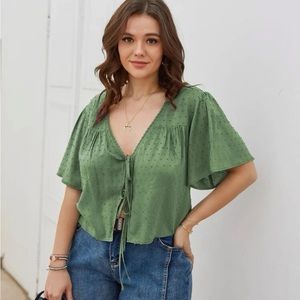 Green Swiss Dot Double Tie Cropped Blouse